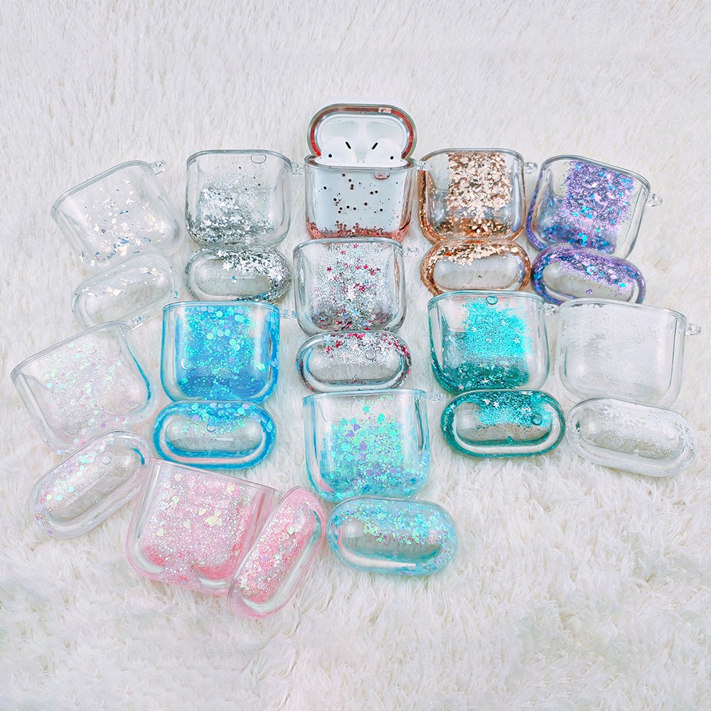 For Apple AirPods 1/2/with Charging Case (2016)/with Charging Case (2019)/with Wireless Charging Case (2019) Glittering Powder Quicksand Clear Based PC Cover Case - Blue-7