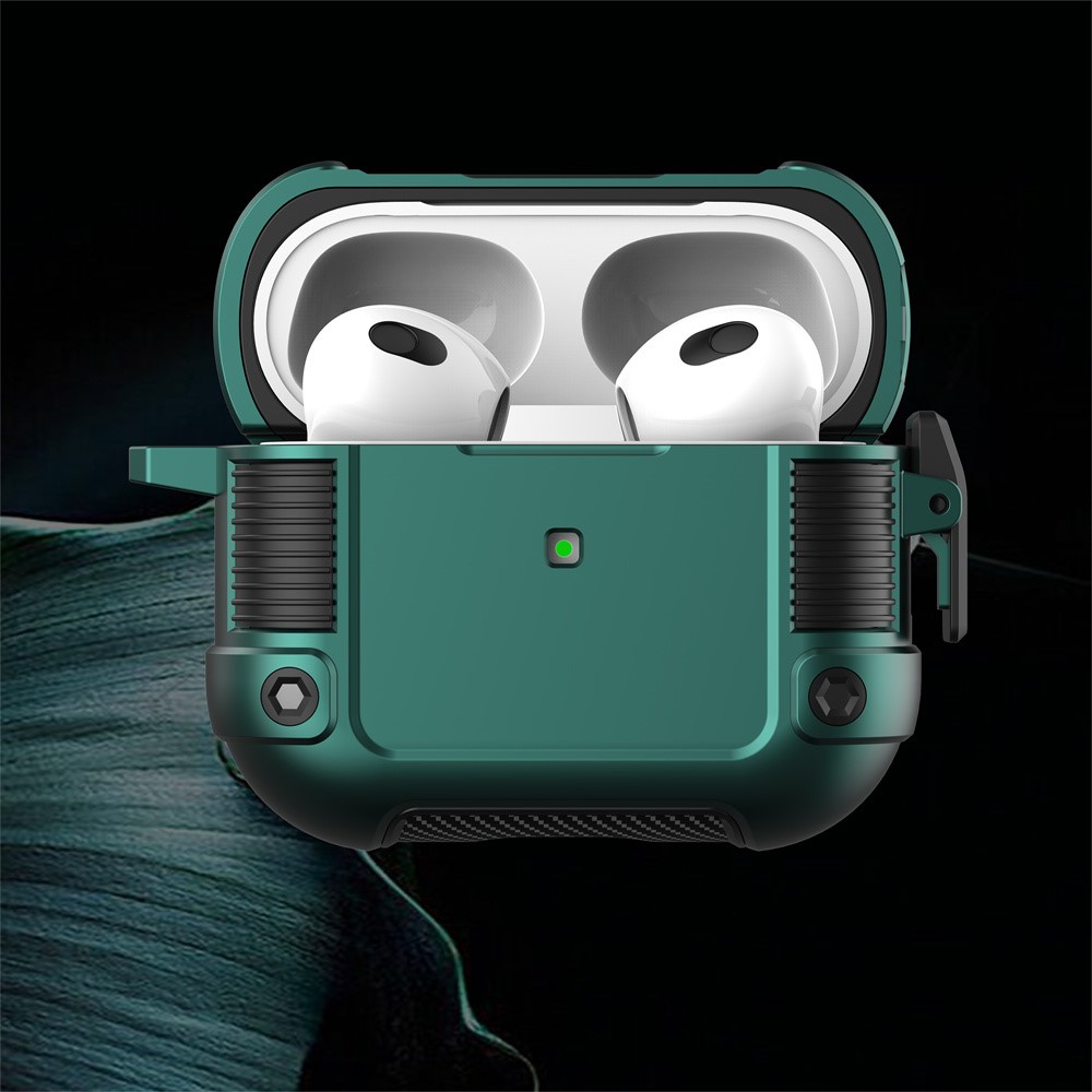 PC + TPU Case de Protección de Auriculares Para Apple AirPods 3, Cubierta de Caja de Carga de Auriculares de Diseño de Hebillas de Bloqueo Con Carabinero - Verde