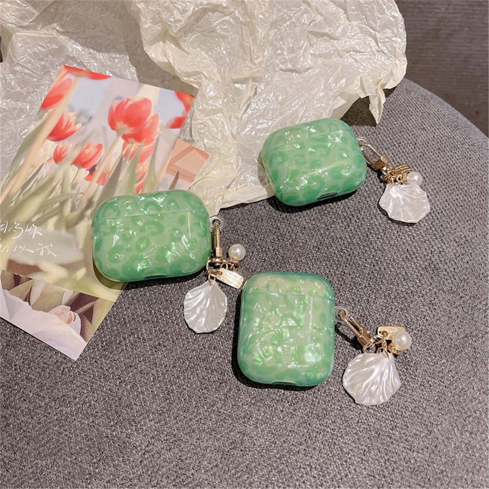 For Apple AirPods 3 Stylish Shell Grain TPU Anti-wear Bluetooth Earphone Charging Case Protective Cover with Shell Pearl Pendant-2