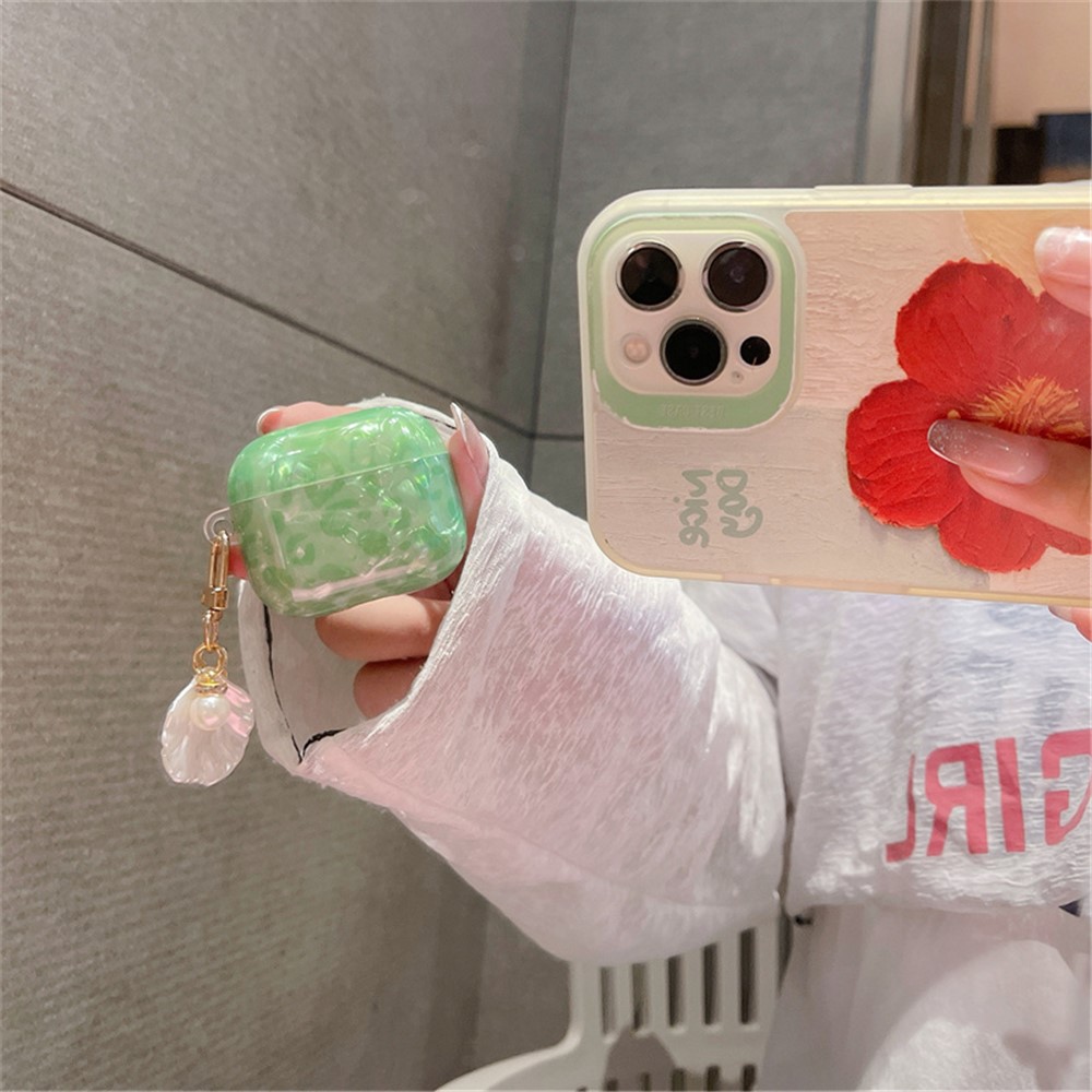 For Apple AirPods 3 Stylish Shell Grain TPU Anti-wear Bluetooth Earphone Charging Case Protective Cover with Shell Pearl Pendant-8