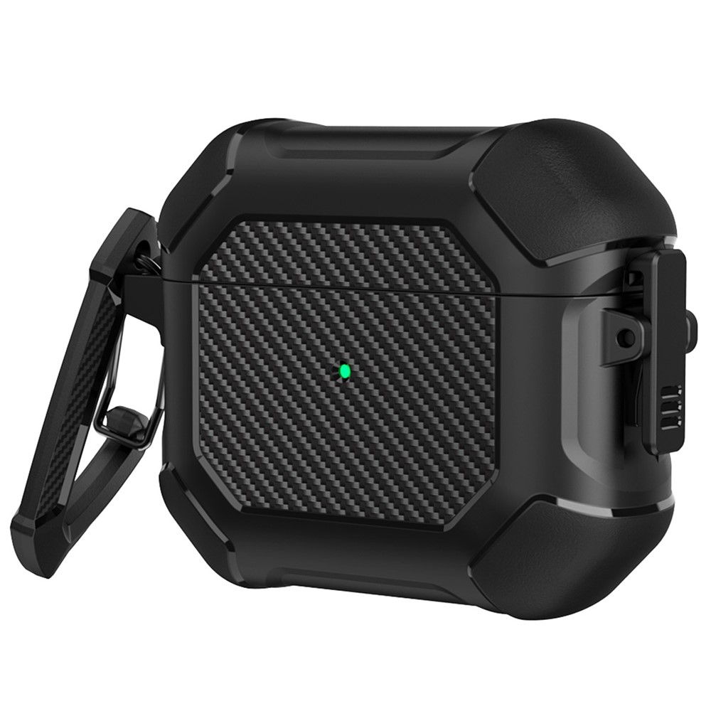 For Apple AirPods 3 Carbon Fiber Pattern Protective Case Portable Bluetooth Earbuds Soft TPU+PC Cover with Buckle - Black-1