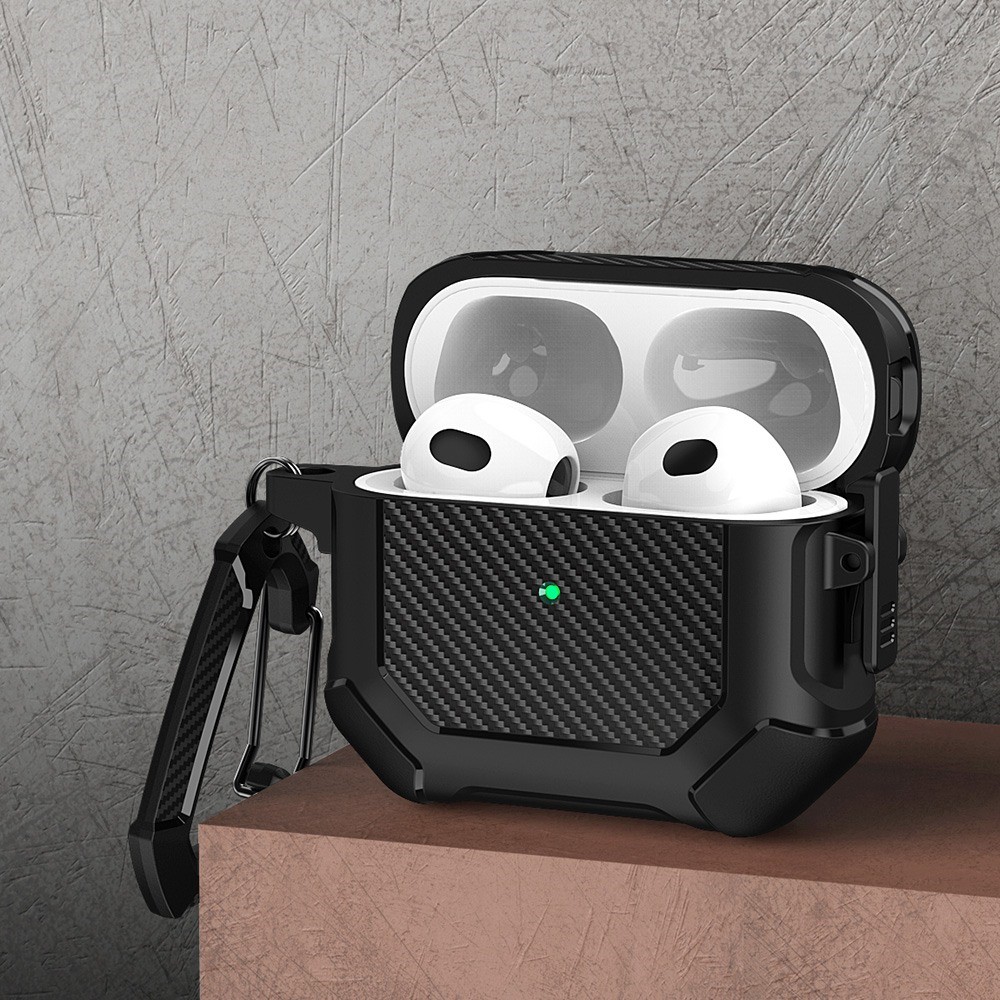 For Apple AirPods 3 Carbon Fiber Pattern Protective Case Portable Bluetooth Earbuds Soft TPU+PC Cover with Buckle - Black-2