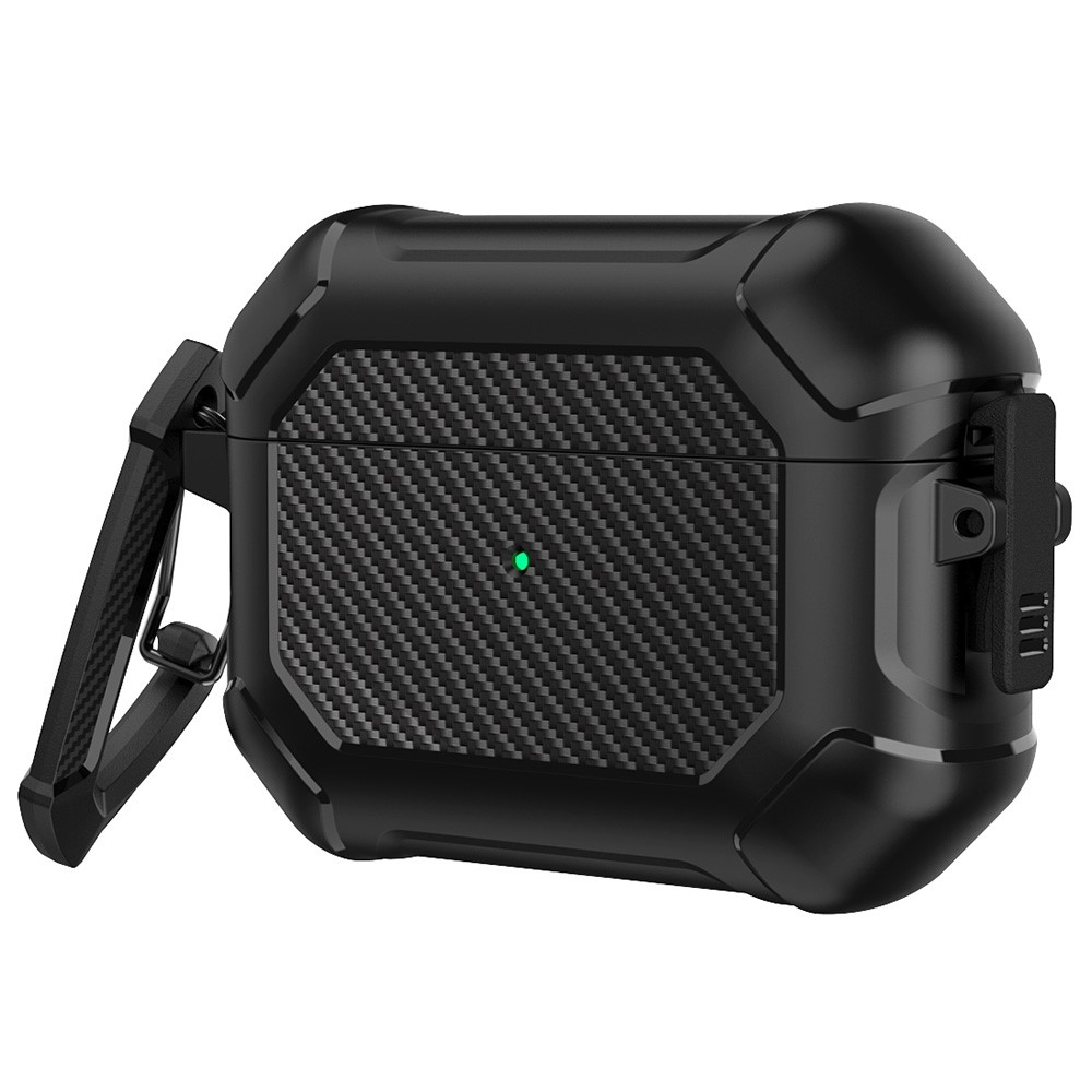 For Apple AirPods Pro Carbon Fiber Anti-Drop Case Portable Bluetooth Earbuds Soft TPU+PC Cover with Buckle - Black-1