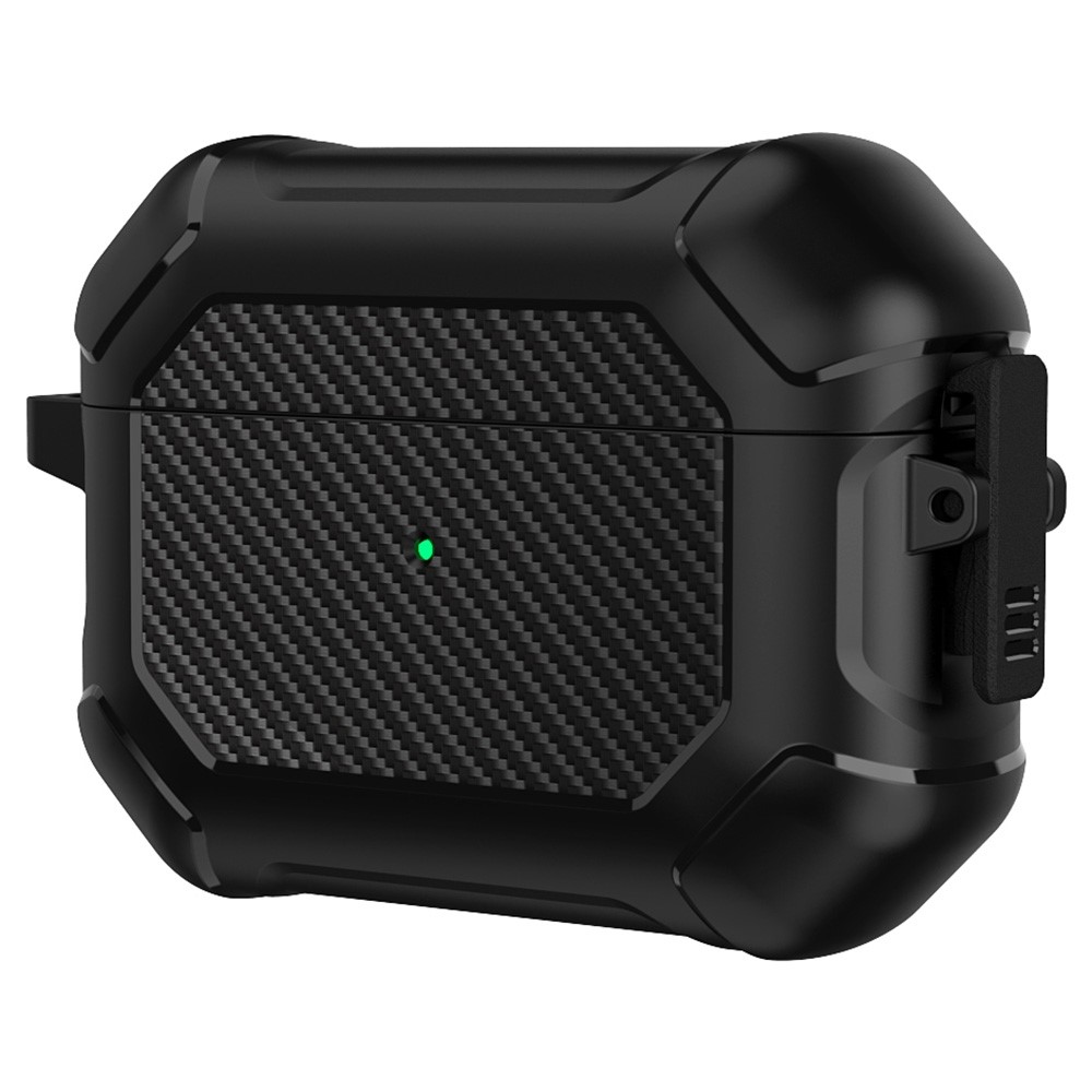 For Apple AirPods Pro Carbon Fiber Anti-Drop Case Portable Bluetooth Earbuds Soft TPU+PC Cover with Buckle - Black-2
