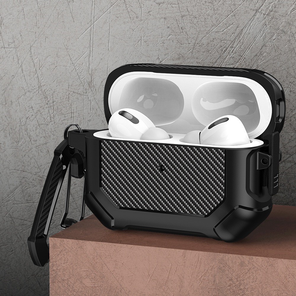 For Apple AirPods Pro Carbon Fiber Anti-Drop Case Portable Bluetooth Earbuds Soft TPU+PC Cover with Buckle - Black-3