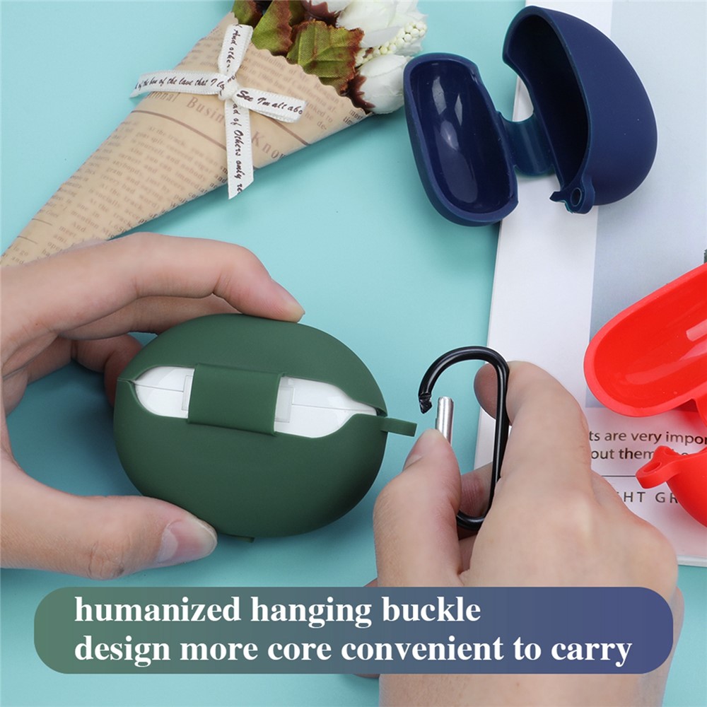 For OPPO Enco Air2 Pro Anti-scratch Silicone Cover TWS Earphone Protective Sleeve Case with Anti-lost Buckle - Midnight Green-5