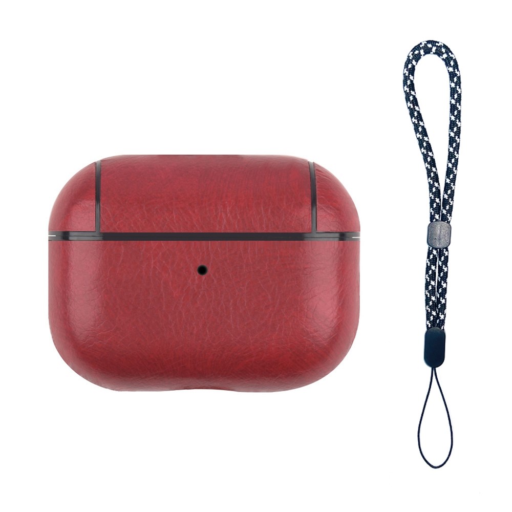 For AirPods Pro (Gen 2) (USB-C) / Pro 2 PU Leather Coated PC Drop-proof Case Bluetooth-compatible Earphone Anti-dust Protective Cover with Lanyard - Red