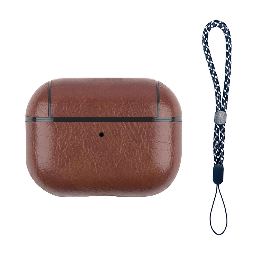 For AirPods Pro (Gen 2) (USB-C) / Pro 2 PU Leather Coated PC Drop-proof Case Bluetooth-compatible Earphone Anti-dust Protective Cover with Lanyard - Dark Brown