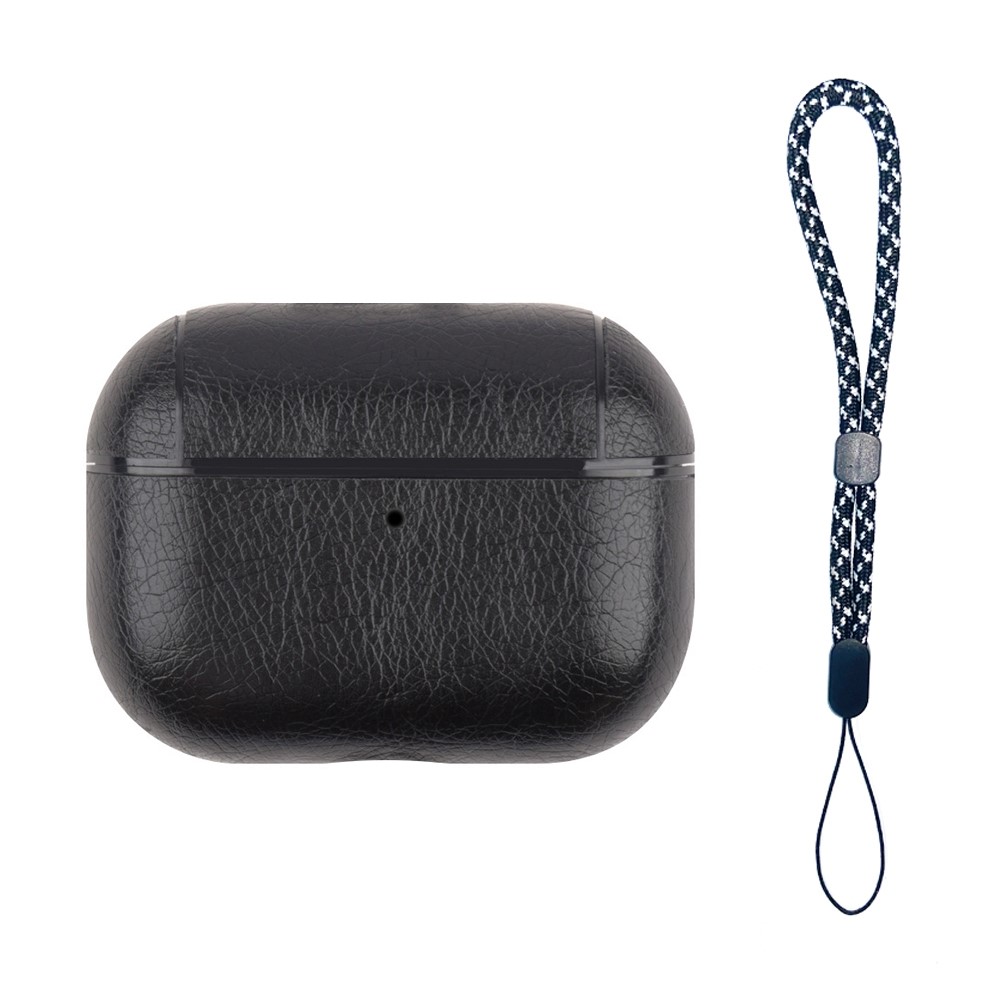 For AirPods Pro (Gen 2) (USB-C) / Pro 2 PU Leather Coated PC Drop-proof Case Bluetooth-compatible Earphone Anti-dust Protective Cover with Lanyard - Black