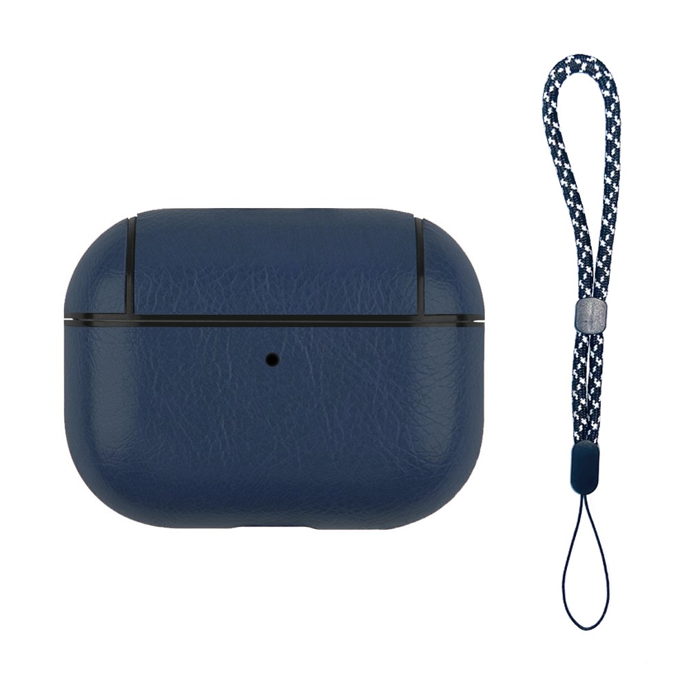 For AirPods Pro (Gen 2) (USB-C) / Pro 2 PU Leather Coated PC Drop-proof Case Bluetooth-compatible Earphone Anti-dust Protective Cover with Lanyard - Dark Blue
