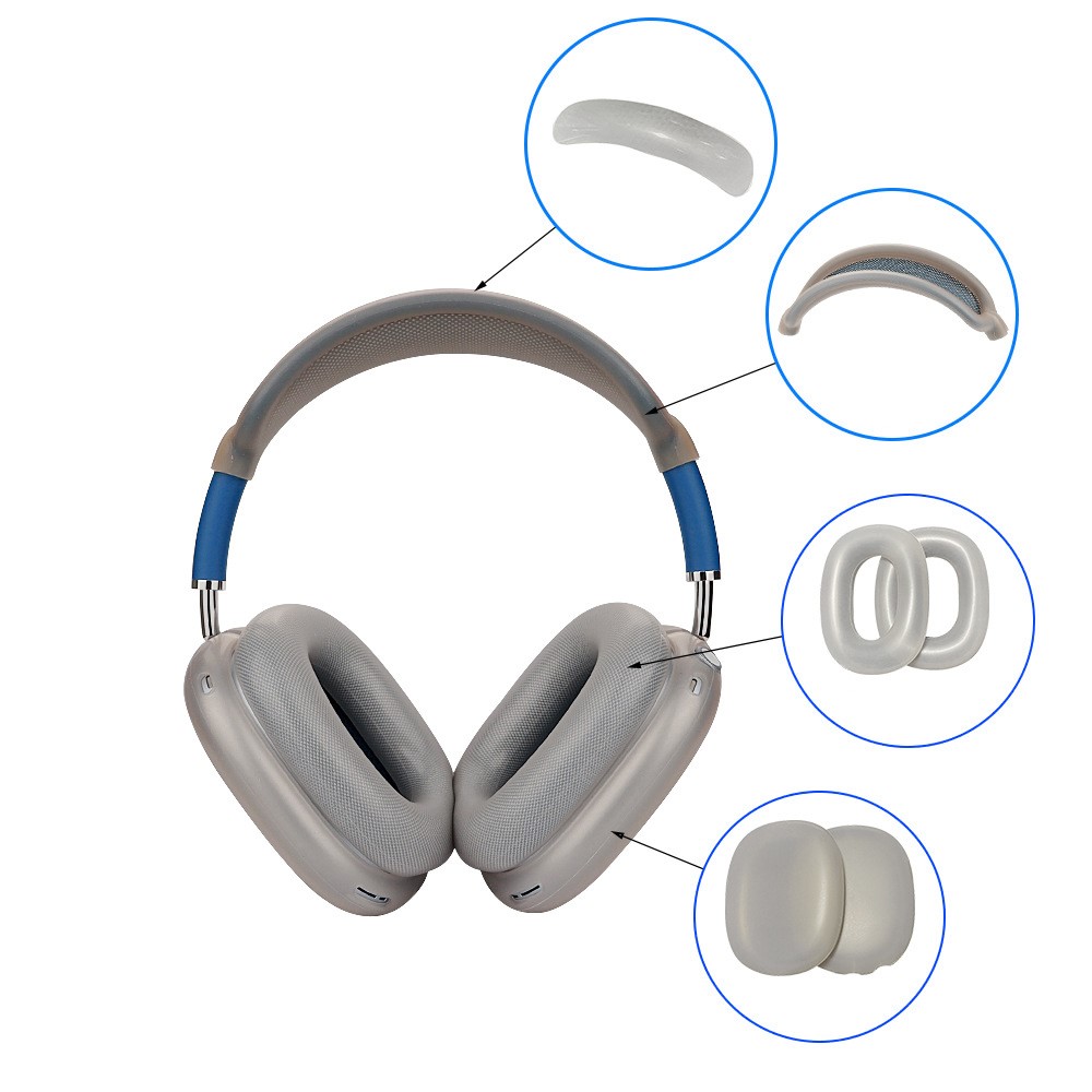 For AirPods Max with USB-C / Max Headphone Silicone Earmuff Shell Earpad Cover Headband Cover Crossbeam Cover Set - Transparent Black