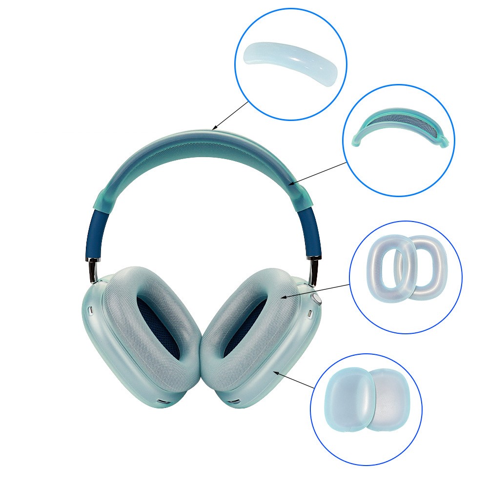 For AirPods Max with USB-C / Max Headphone Silicone Earmuff Shell Earpad Cover Headband Cover Crossbeam Cover Set - Transparent Blue