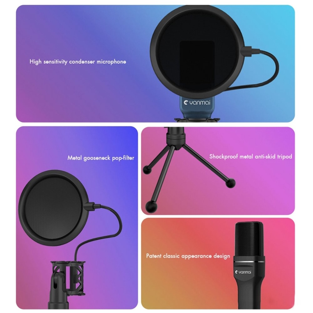 YANMAI SF-777 Desktop Condenser Microphone USB Wired Mic with Tripod Stand for Singing Gaming Recording - Blue-5