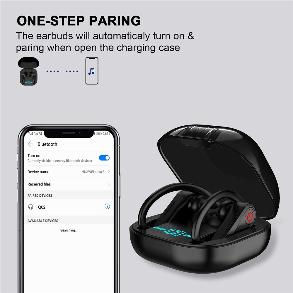 Lemonda Hbq-q62 Tws Bluetooth Headsets Ear Hook Headphones Business Music Earphone Avec Affichage D'alimentation Numérique / 950mah Case de Charge IPX4-7