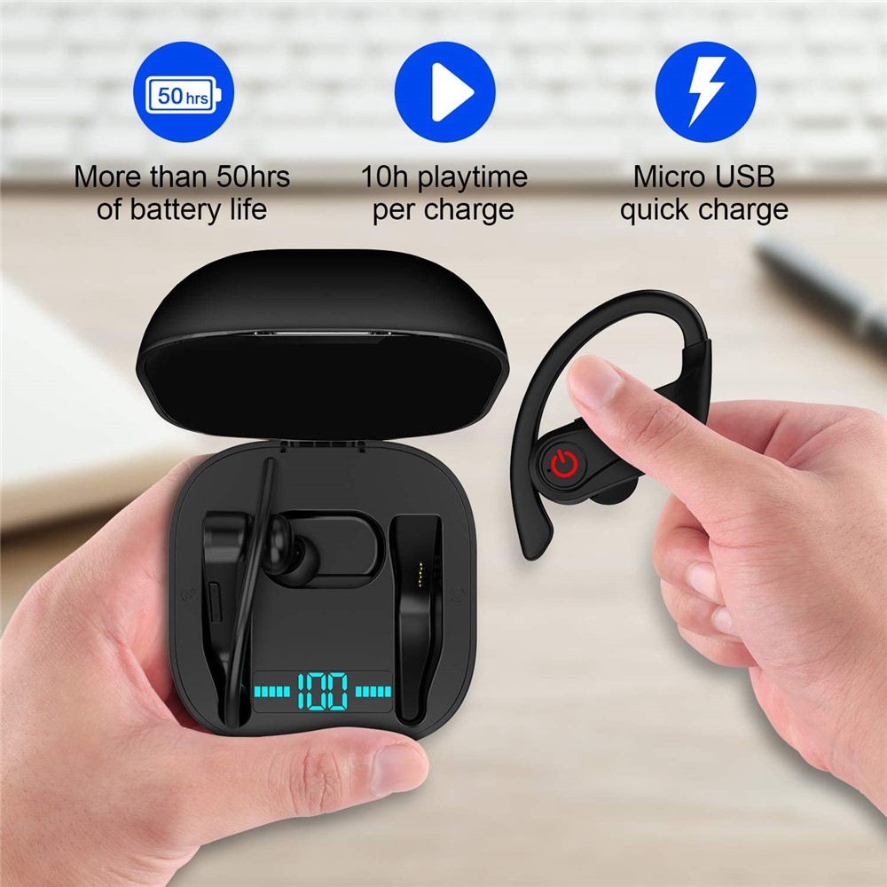 LEMONDA HBQ-Q62 TWS Bluetooth Headsets Ear Hook Headphones Business Music Earphone with Digital Power Display/950mAh Charging Case IPX4-8