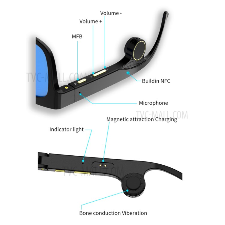 G2 Bone Conduction Smart Audio Sunglasses Wireless Bluetooth Earphone Music Glasses with Hands-free/Microphone - Black/Yellow-3