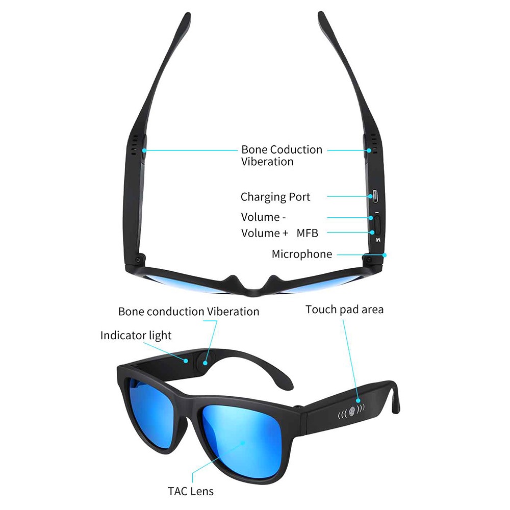 G1 Bone Conduction Smart Audio Sunglasses Wireless Bluetooth Earphone Anti-Blue Light Music Glasses with Hands-free - Black/Blue-7