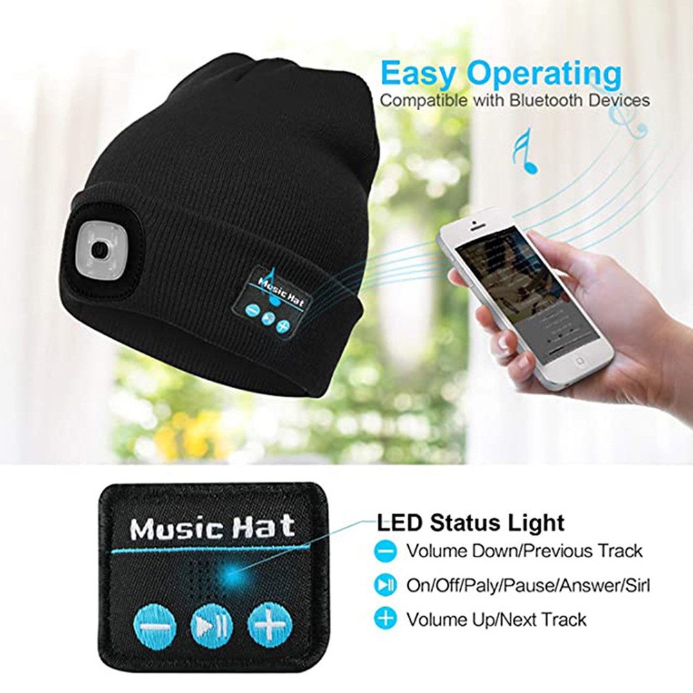 M1BL Wireless Earphone Knit Hat Beanie Bluetooth Built-in Stereo Speakers LED Lighted Hat Smart Headphone Cap - Black-2