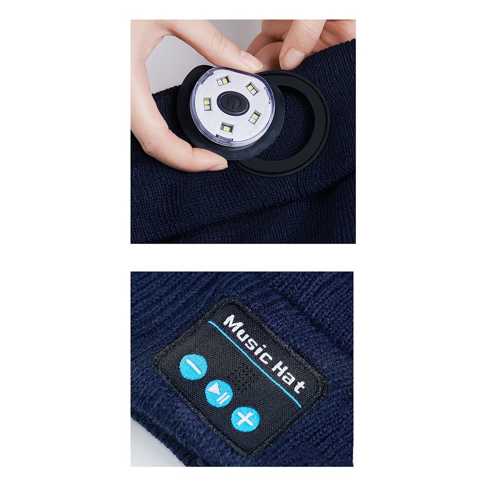 M1BL Wireless Earphone Knit Hat Beanie Bluetooth Built-in Stereo Speakers LED Lighted Hat Smart Headphone Cap - Black-5