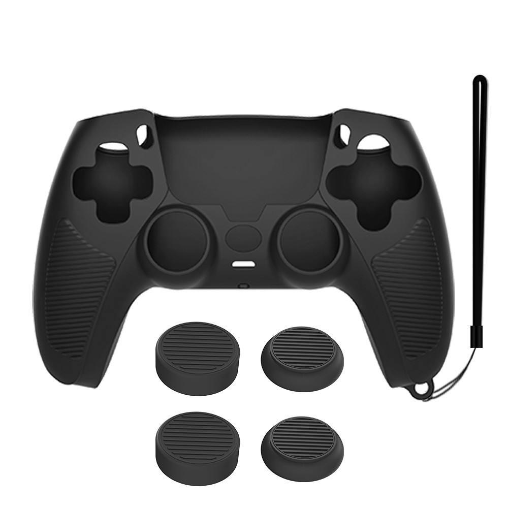 V1M Shockproof Silicone Protective Skin Anti-dust Case with Rocker Caps Set for Sony PS5 Controller - Black-1