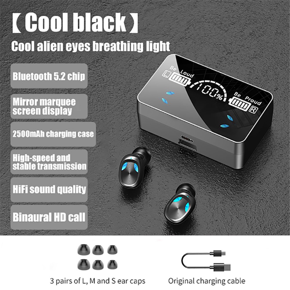 X3 TWS Bluetooth 5.1 Mini Wireless Touch Earphone Waterproof Sports Stereo Music Calling Headset with Mirror Surface LED Display Charging Case - Black-4