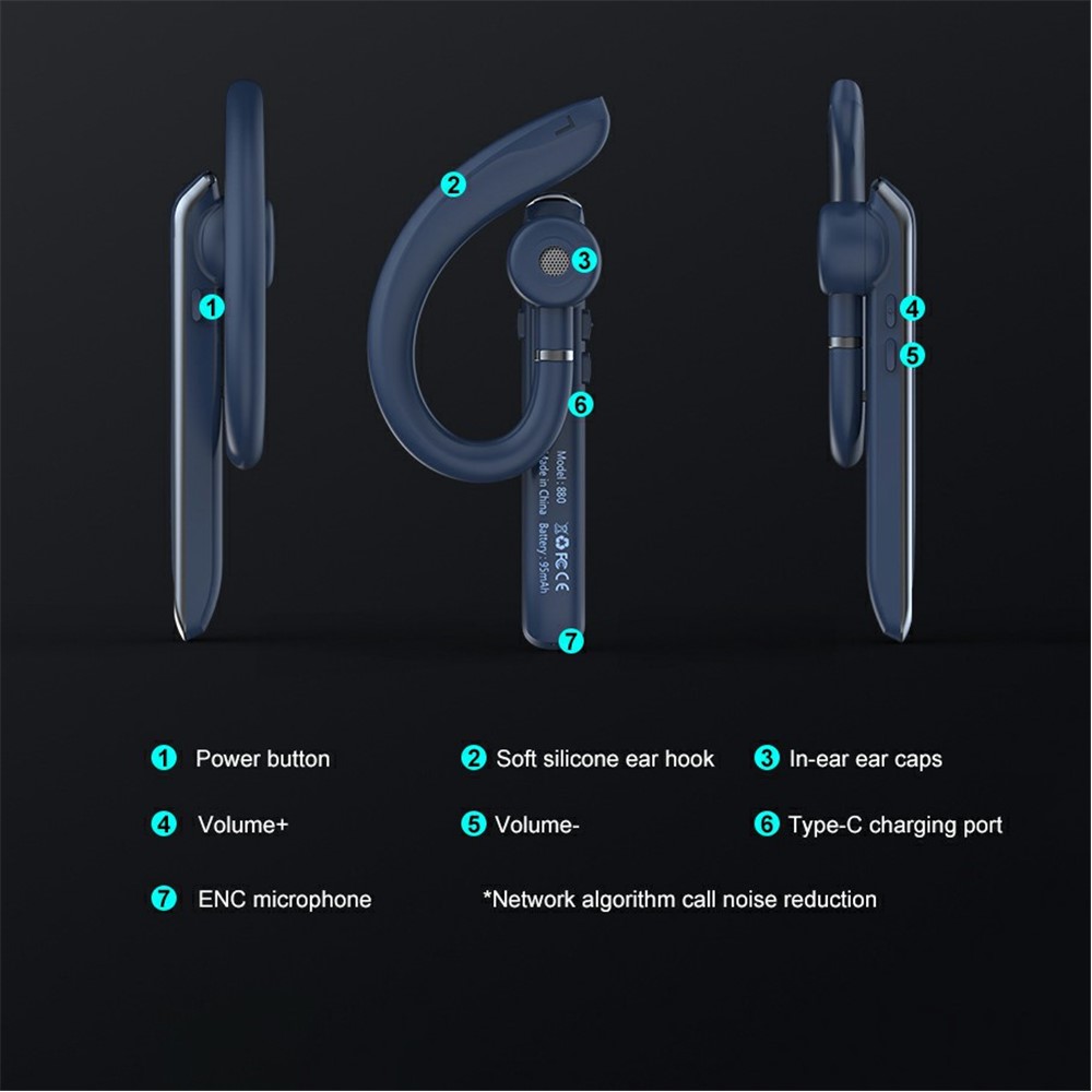 880 Business Single Ear Headset ENC Noise Reduction Long Standby Wireless Bluetooth Earphone 180-degree Rotating Ear Hook Headphone - Black-7