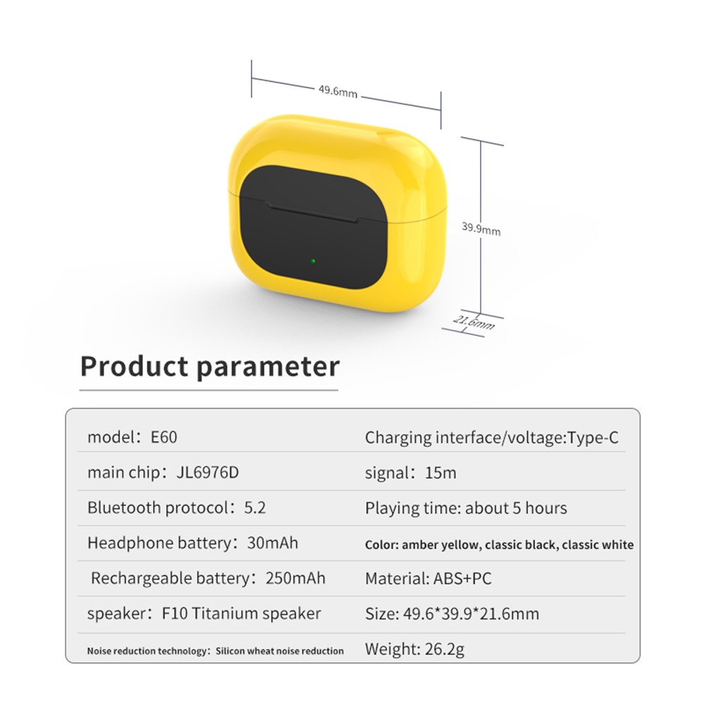 E60 Mini Wireless Bluetooth Earphone TWS 9D HiFi Bass Stereo Earbuds Noise Cancelling Music Headset with Microphone - Yellow-11