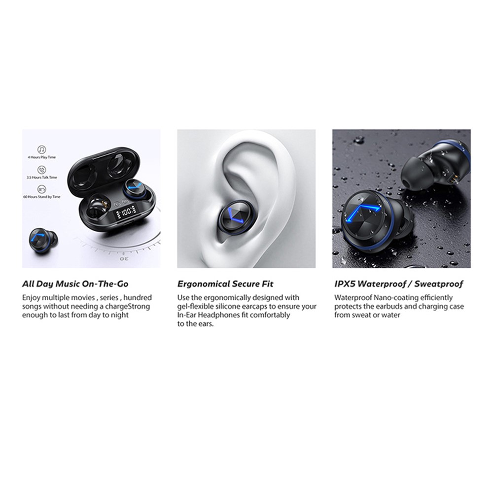 C6 TWS Wireless Bluetooth 5.0 Sports Earphone Earbuds Digital Display Waterproof Noise Cancelling Music Calling Headset - Black-10