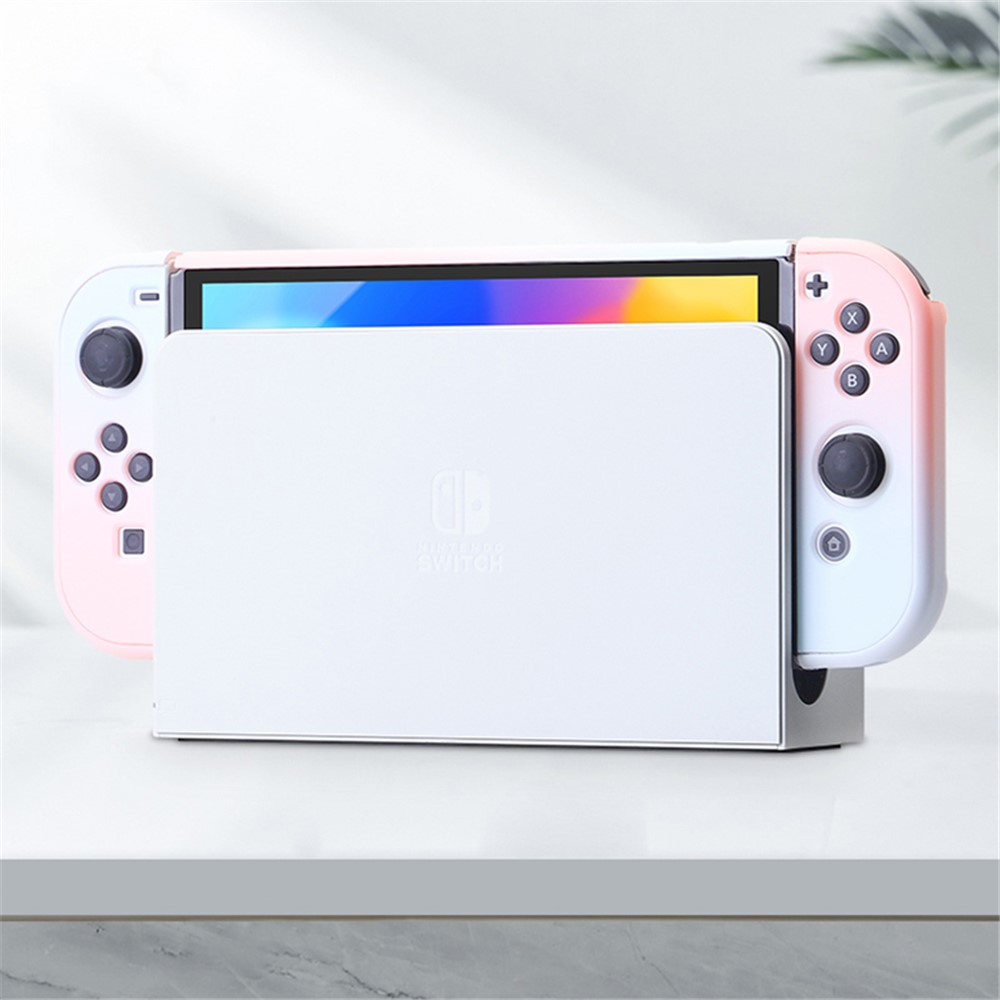 Anti-Fingerprint Dockable Case Protective Cover Ergonomic Comfort PC Grip Case Set for Nintendo Switch OLED Console - Pink/Green-3