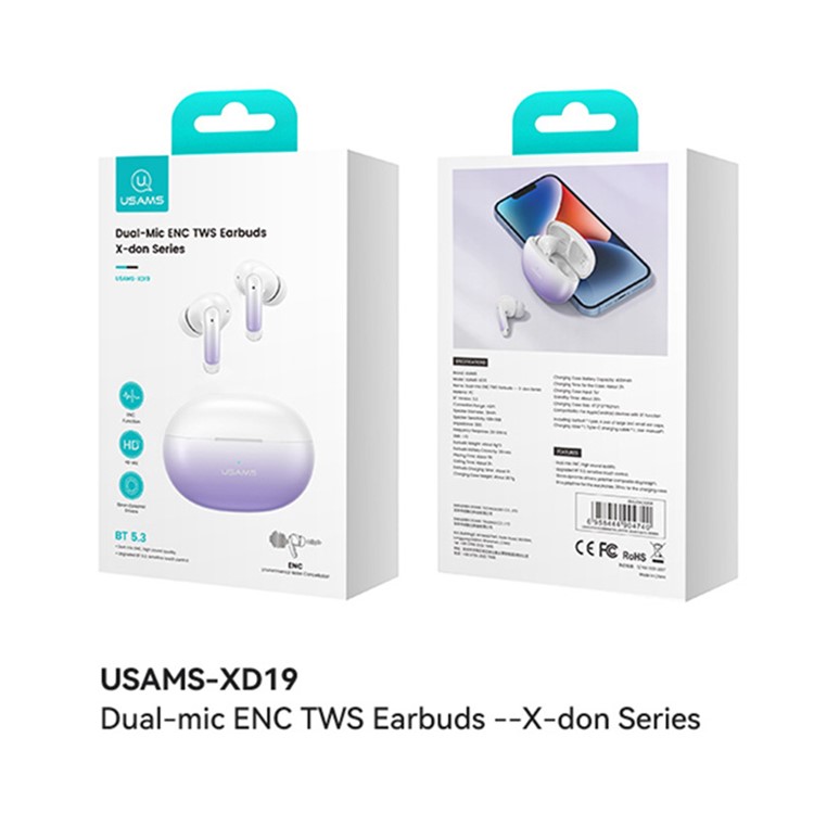 USAMS XD19 X-don Série Dual-micic ENC TWS Earbudos de Earbudos Sem Fio Bluetooth 5.3 Fone de Ouvido na Orelha - Branco-8