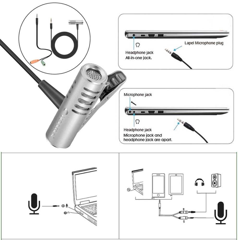 Yanmai R933 Professional Clip-On Mic Mic Lavalier Omni-Direccional Doble Condensador Micrófono Plata