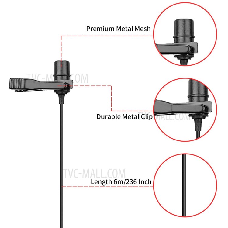 BOYA 3.5mm Lavalier Microphone 6m Clip-on Collar Condenser Hands-free Lapel Mic for Smartphone DSLR Camera-3