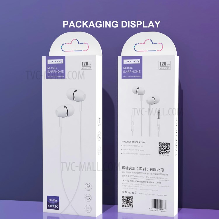 LETANG K17 3.5mm Jack Wired Earphone Clear Sound In-ear Phone Tablet Headset with Mic-10