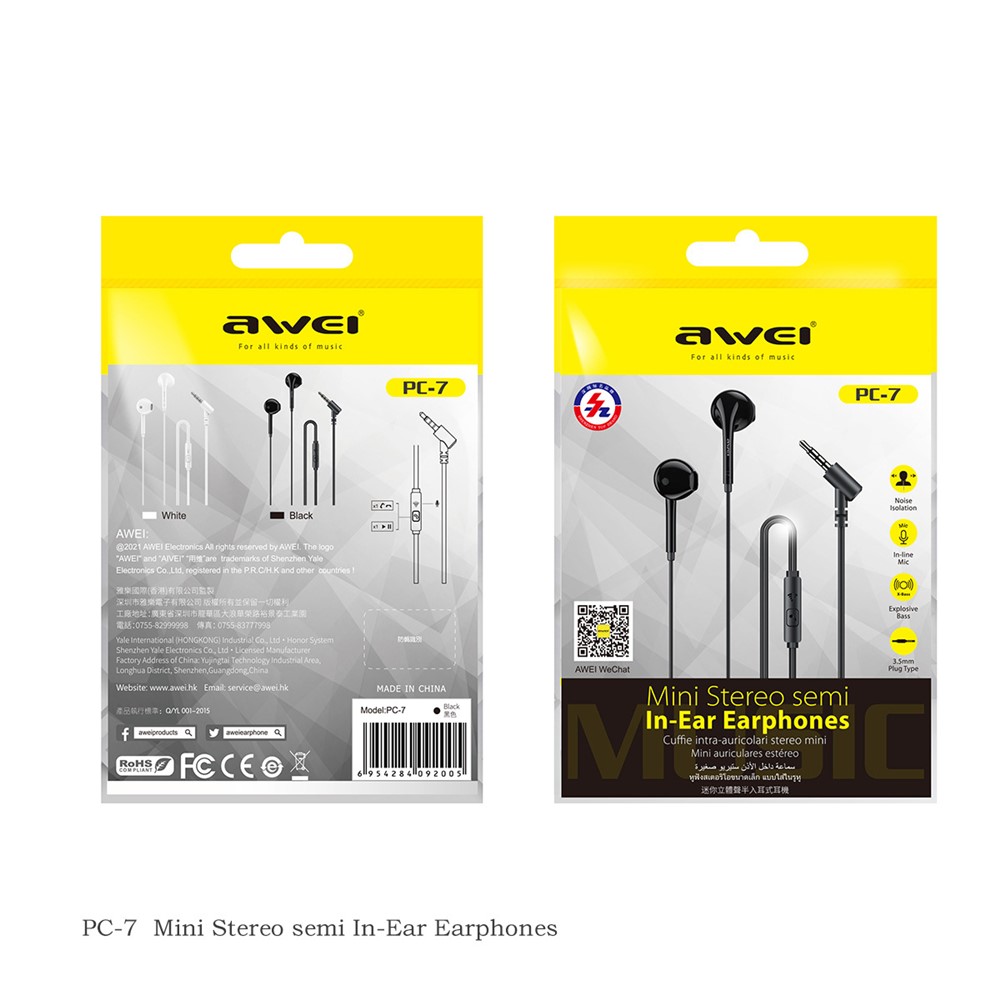 AWEI PC-7 3.5mm Wired Earphones In-ear Mobile Phone Music Headset with Mic Line Control - Black-6