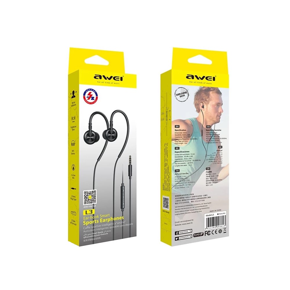 Awei L3 3.5mm Wired In-Ear Estéreo Baixo Fones De Ouvido Pendurado Auriculares De Música De Ouvido Com Microfone-2