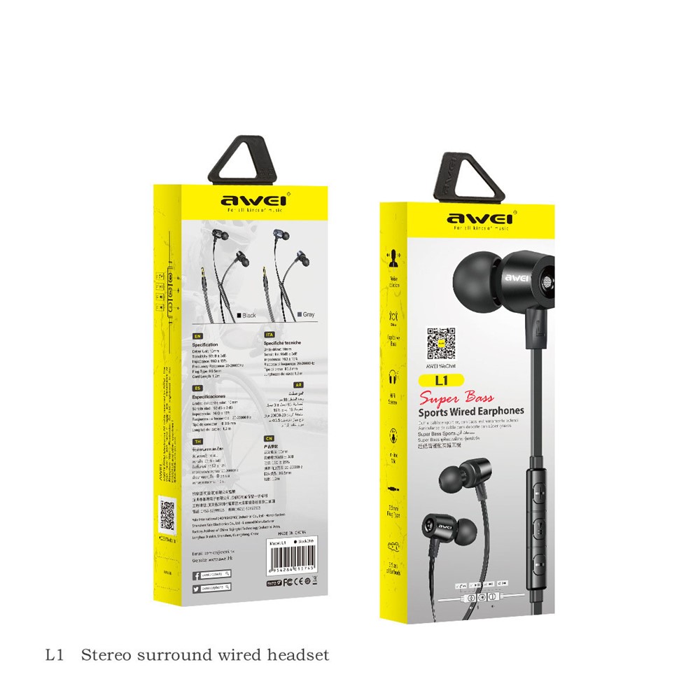 AWEI L1 3.5mm Wired Music Earphone HiFi Stereo In-ear Phone Tablet Headset with Wire Control Mic - Black-10