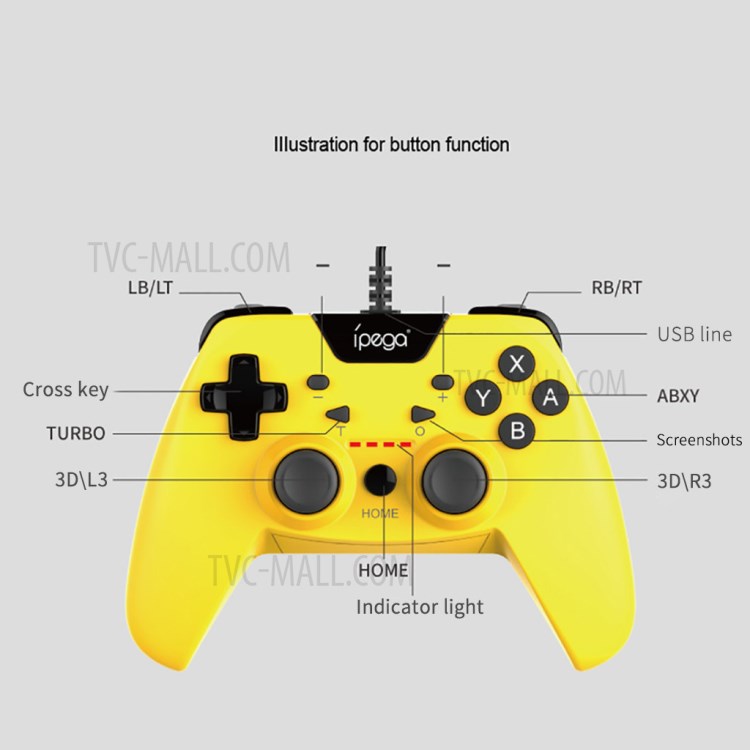 IPEGA PG-SW012 Wired Game Controller Dual-Vibration Turbo Gamepad for Nintendo Switch/PS3/PC/Android - Yellow-3