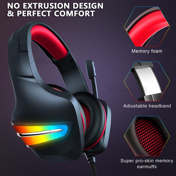 ERXUNG J6 Gaming Headset RGB Luminous Control-by-wire Over Ear Headphone with Microphone - Red-2
