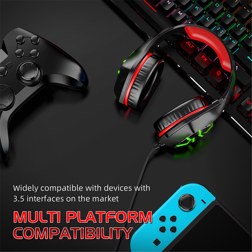 GS-1000 Noise Canceling Wired Gaming Headphones with Microphone and LED Lights - Red-2