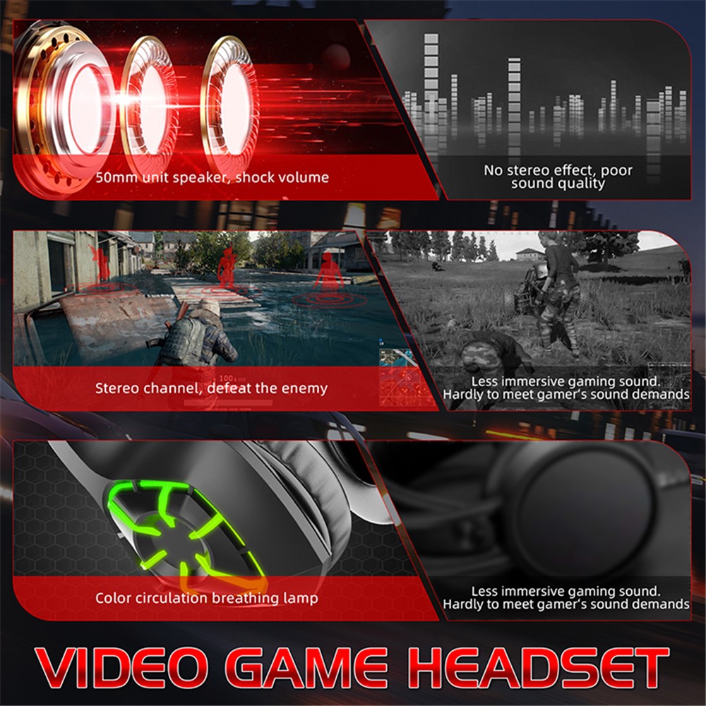 GS-1000 Noise Canceling Wired Gaming Headphones with Microphone and LED Lights - Red-4