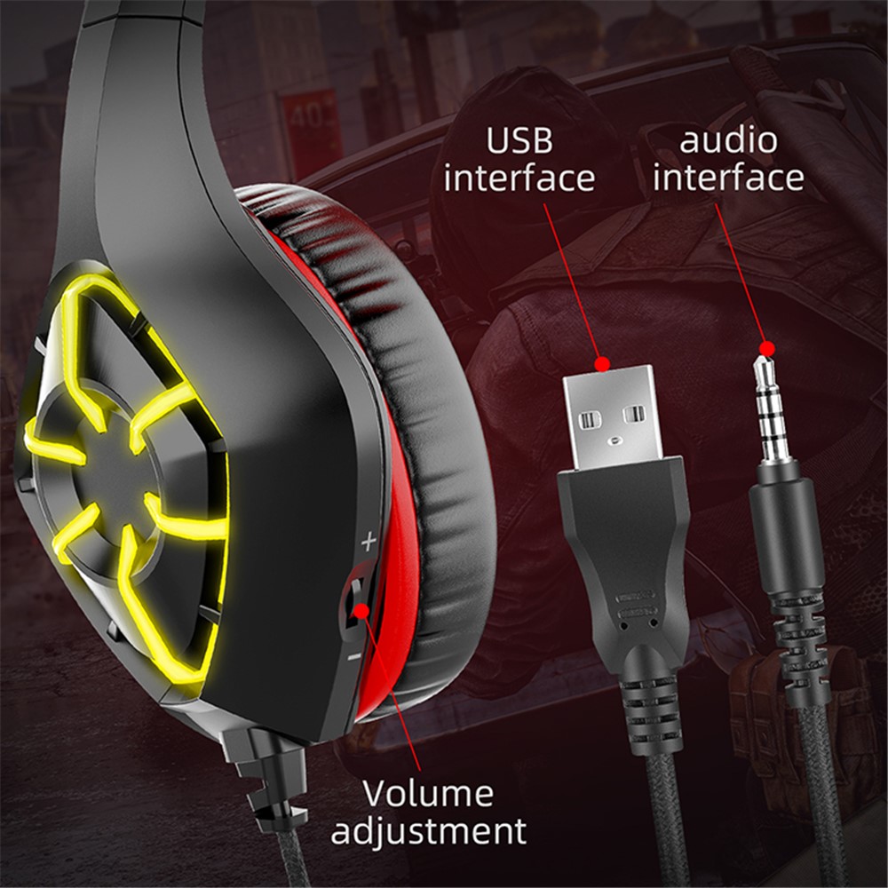 GS-1000 Noise Canceling Wired Gaming Headphones with Microphone and LED Lights - Red-5