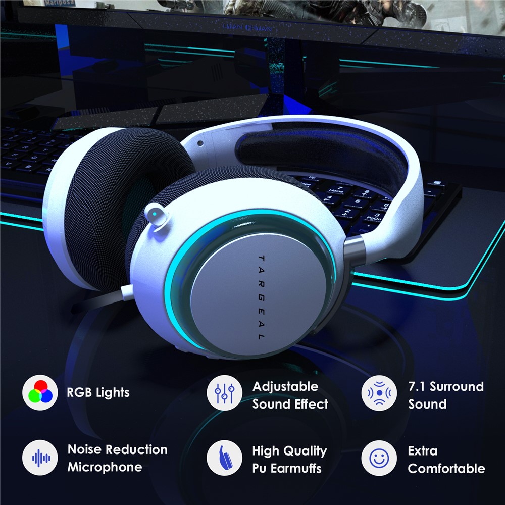 TARGEAL 916 USB Gaming Headset PC Wired Headphone 360-degree Noise Cancelling Mic 7.1 Channel Surround Sound Earphone with RGB LED for PS4/PS5/Nintendo Switch-6