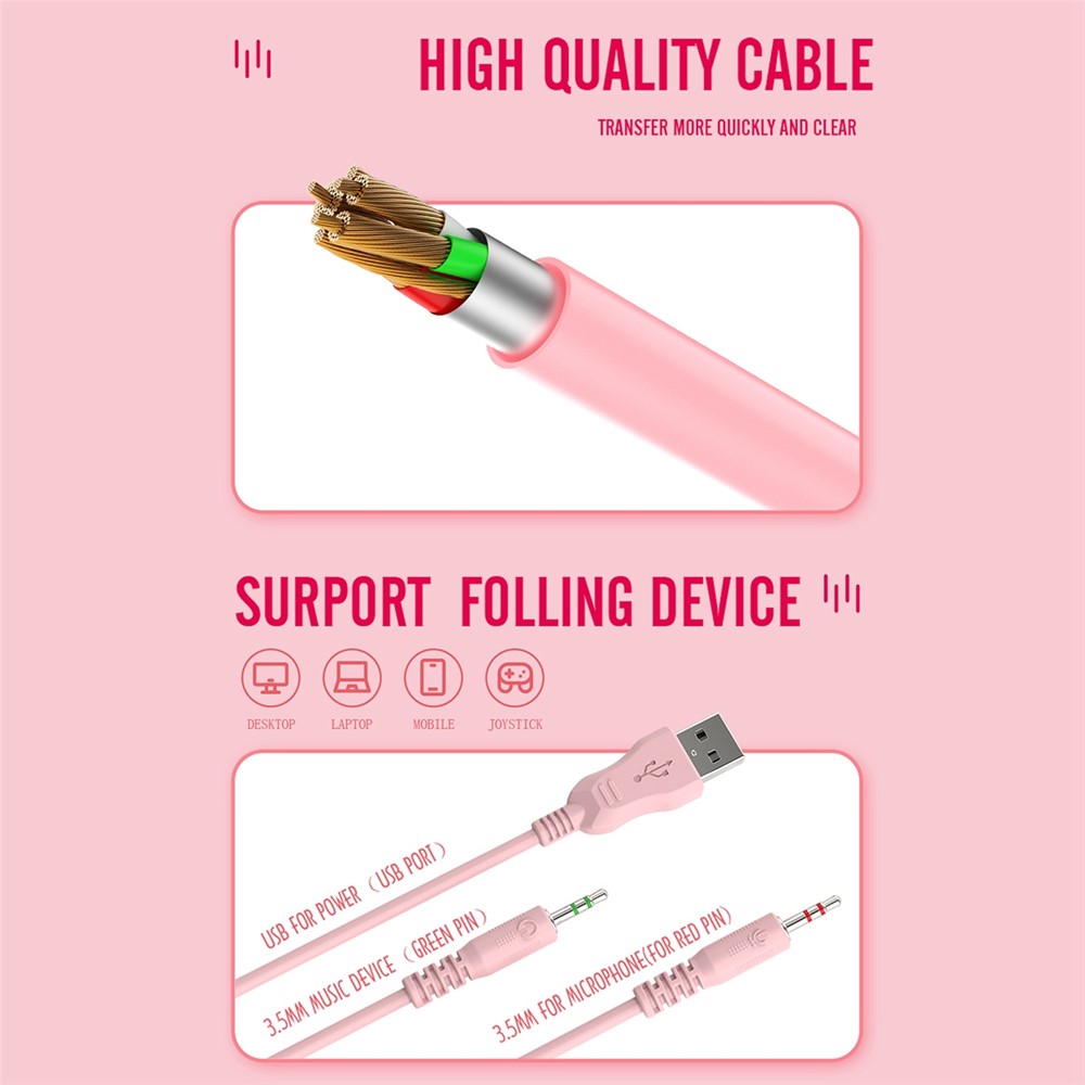 BATXELLENT H82 Wired Headphone RGB Light Gaming Headset with Noise Cancelling Mic - Pink-3