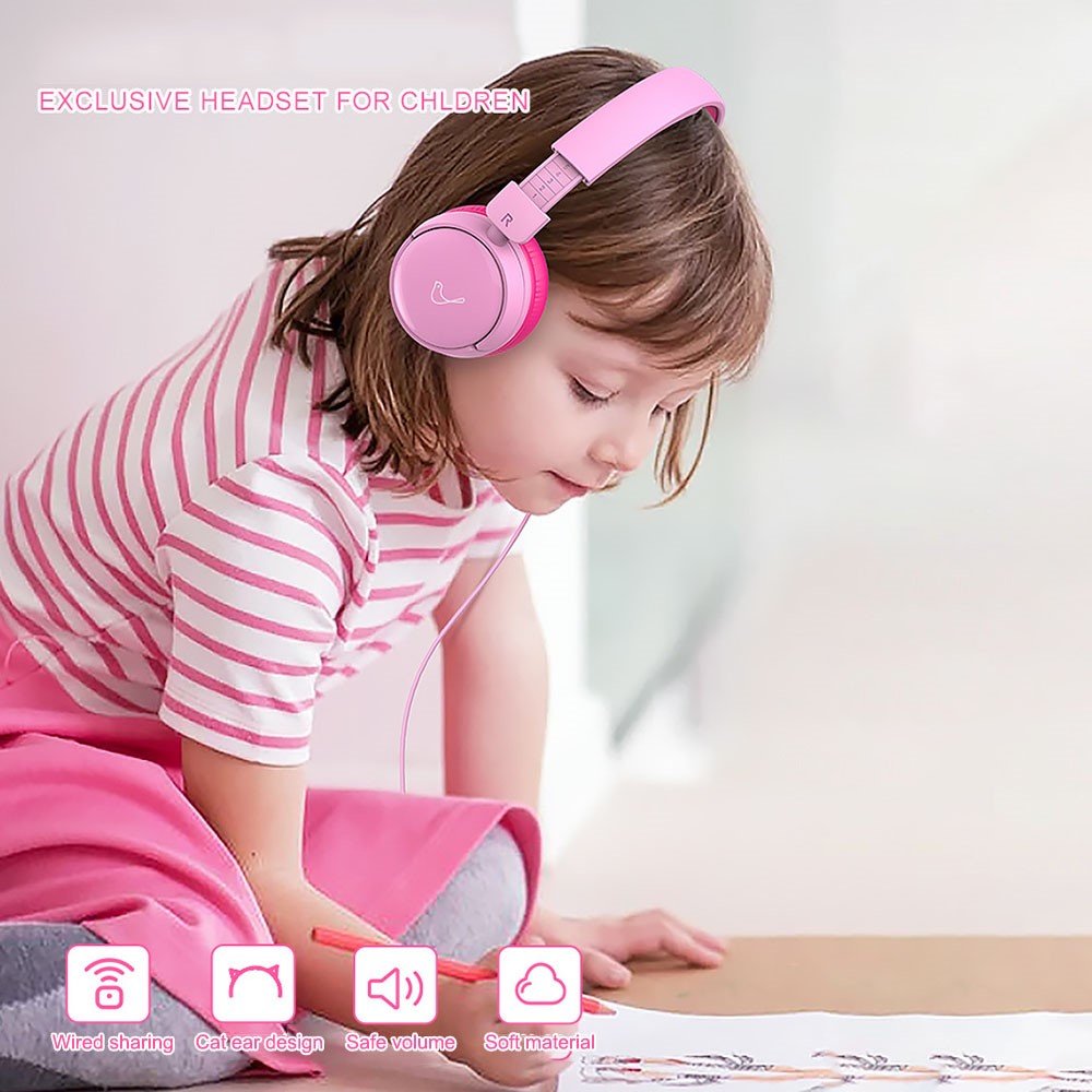 GORSUN GS-E62V Cat Ear Decor Folding Children Headphone Wired HiFi Earphone Over-ear Kid Headset - Pink-2