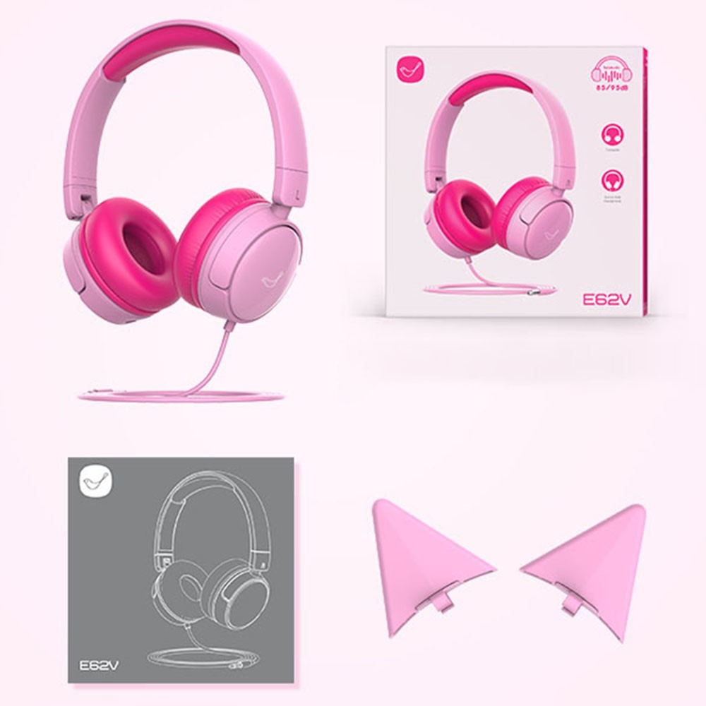 GORSUN GS-E62V Cat Ear Decor Folding Children Headphone Wired HiFi Earphone Over-ear Kid Headset - Pink-9