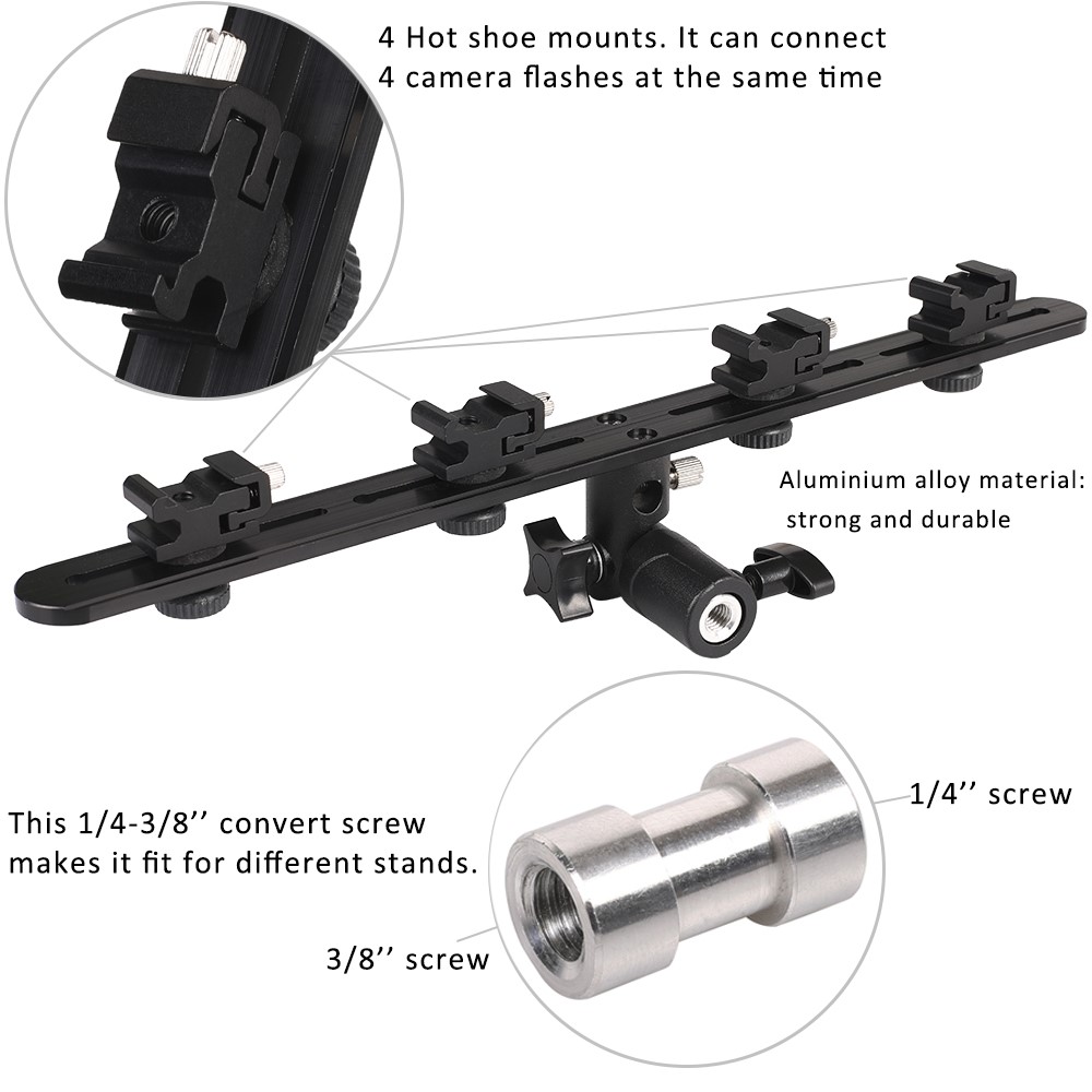 Camera Flash Bracket Umbrella Holder Light Stand with 4 Hot Shoe Mounts for Flash Speedlight-5
