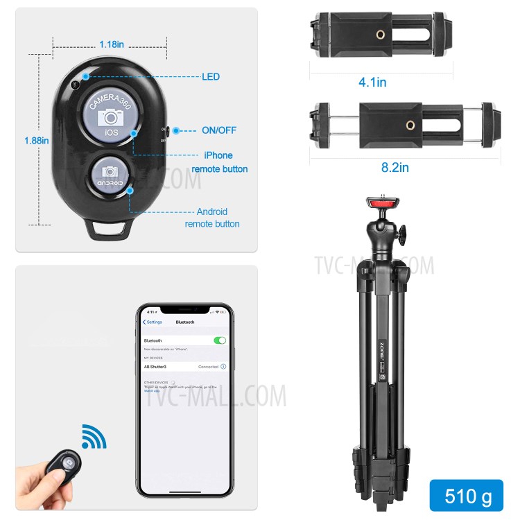 ZOMEI T50 Aluminum Alloy Tripod Selfie Travel Shutter Tablet Phone Clamp Clip for Photography Live Streaming-4