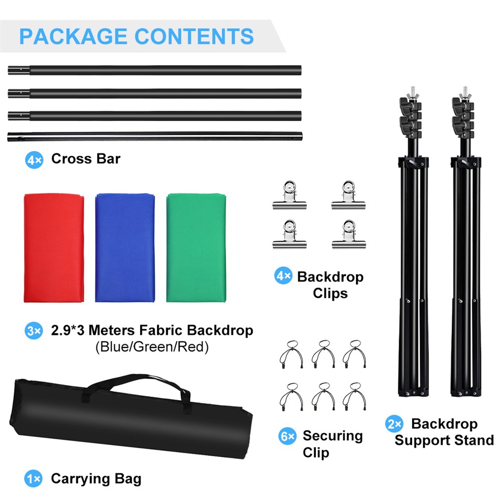PULUZ PKT5205 Photo Studio 2x3m Photography Background Support Stand Backdrop Crossbar Bracket Kit with Red/Blue/Green Backdrops-10