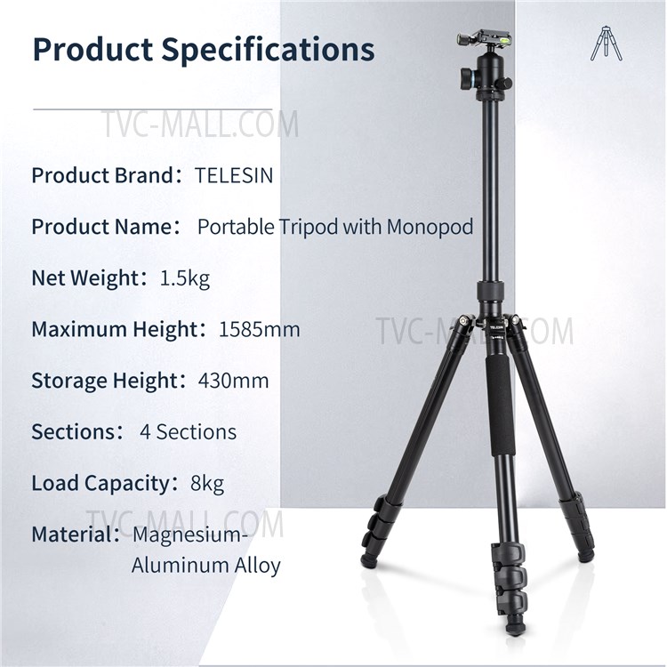 TELESIN TE-TRP-007 360 Degree Ball Head Camera Tripod Stand Portable Monopod for Canon Nikon Sony DSLR Camera-13