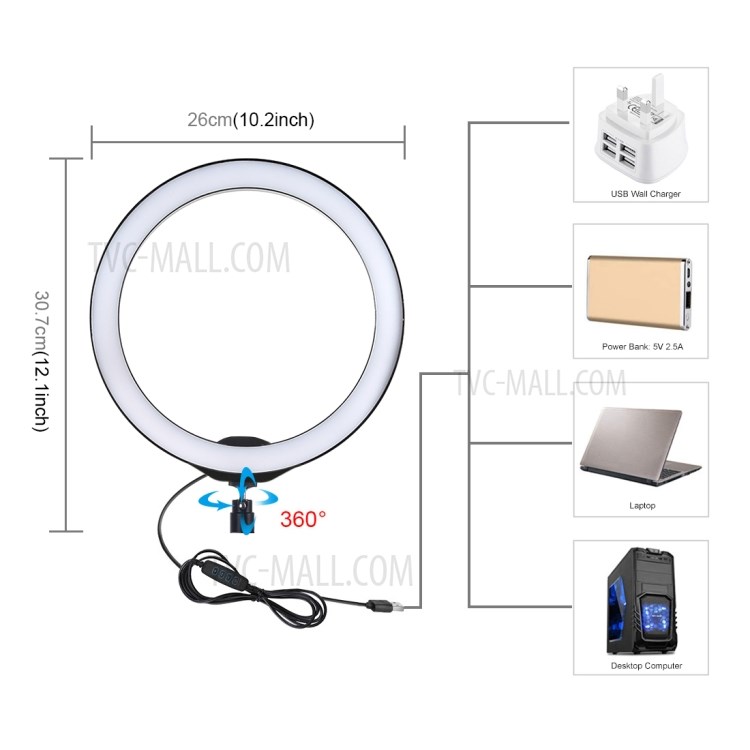 PULUZ 10.2 inch 26cm Ring Light Dimming Photography Video Fill Light with 2-phone Clips for Selfie Camera-4